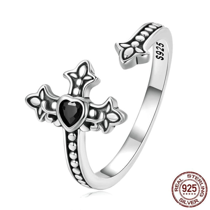 Faith Cross Ring 925 Sterling Silver Black Zircon Pattern