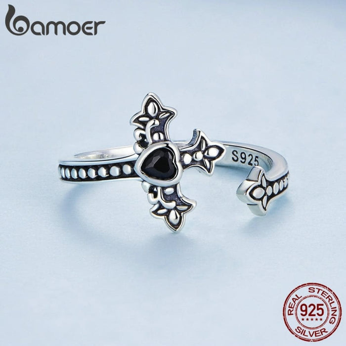 Faith Cross Ring 925 Sterling Silver Black Zircon Pattern