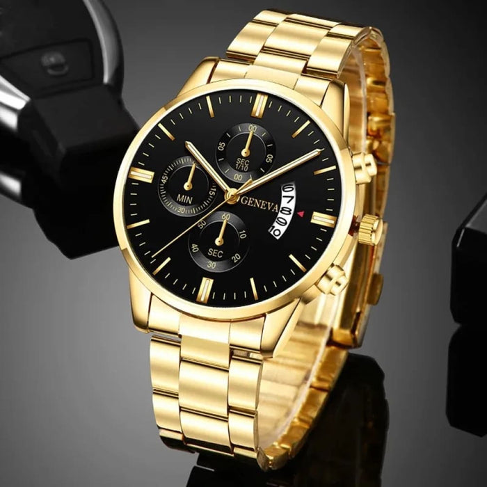 Fashion Men Gold Stainless Steel Watch Luxury Calendar