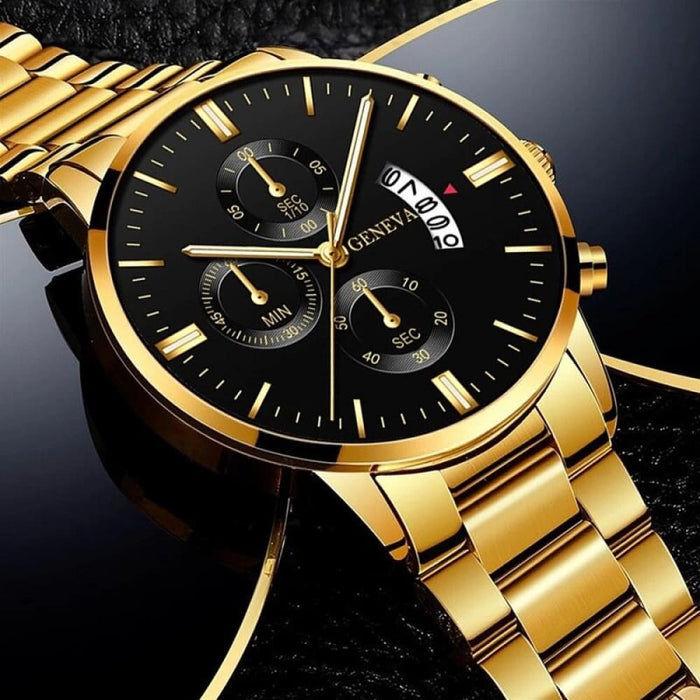 Fashion Men Gold Stainless Steel Watch Luxury Calendar