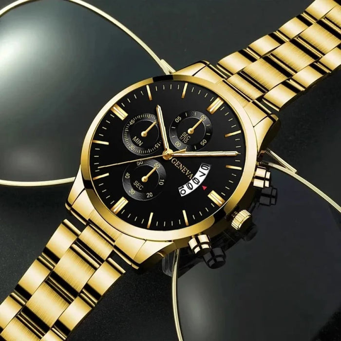 Fashion Men Gold Stainless Steel Watch Luxury Calendar