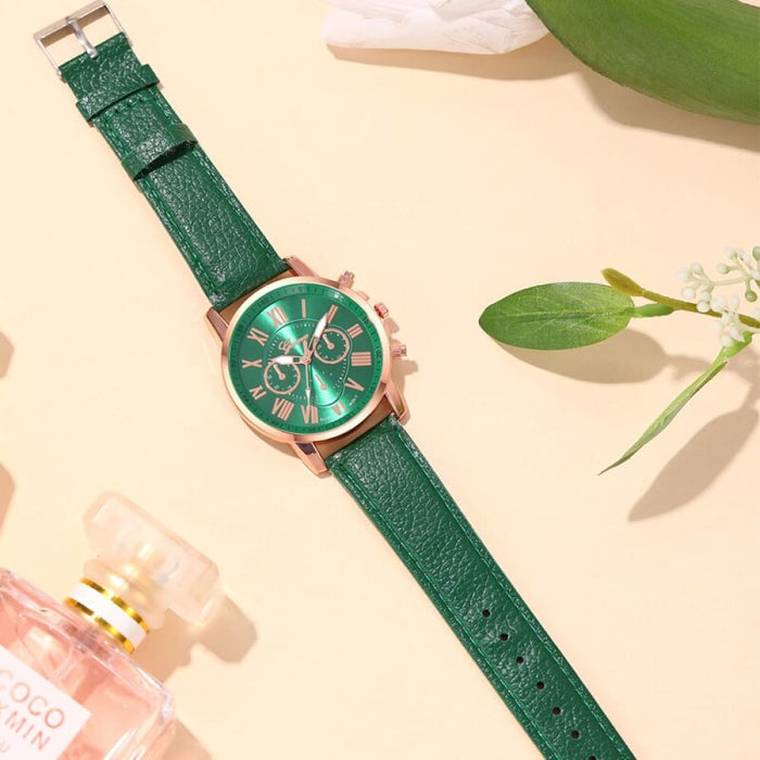 Fashion Women Watches Green Leather Quartz Wrist Watch