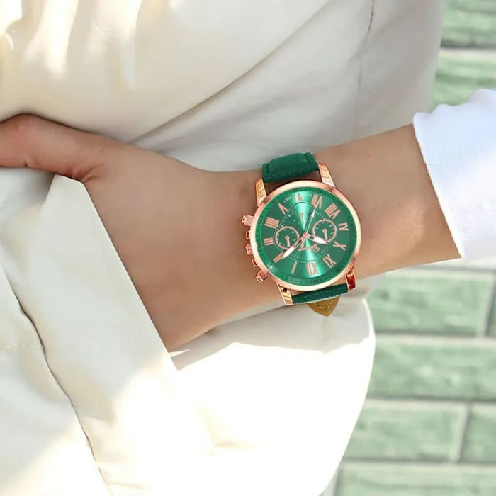 Fashion Women Watches Green Leather Quartz Wrist Watch