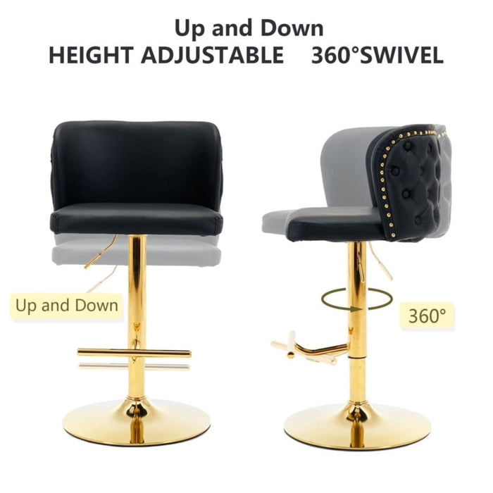 2x Faux Leather Golden Base Swivel Bar Stools - Black