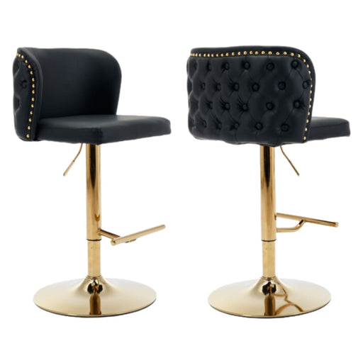 2x Faux Leather Golden Base Swivel Bar Stools - Black