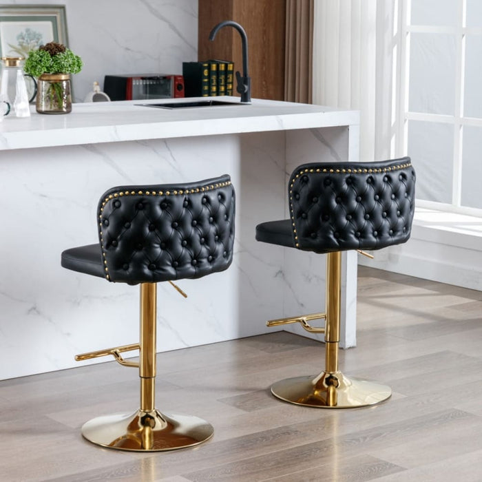 2x Faux Leather Golden Base Swivel Bar Stools - Black