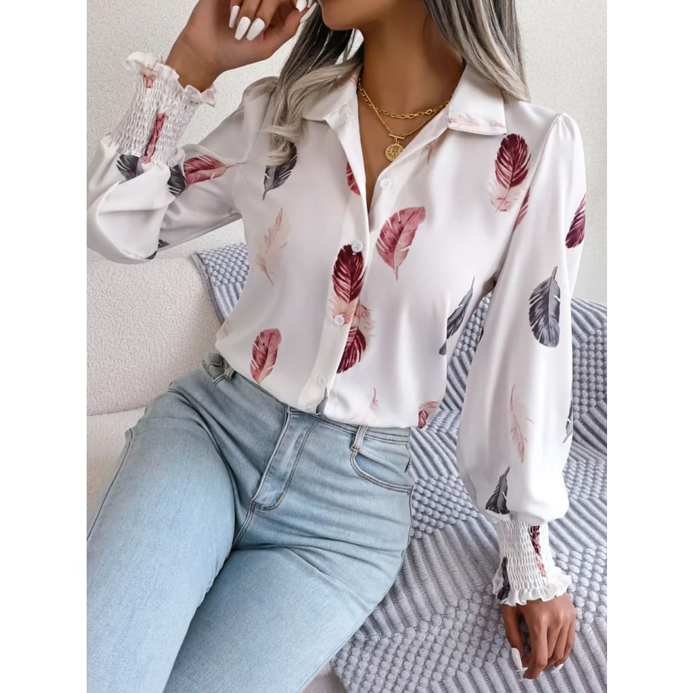 Feather Print Collar Long Sleeve Shirt For Women