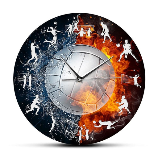 Fire And Water Volleyball Ball Wall Clock Sport Game Living