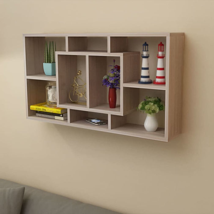 Floating Wall Display Shelf 8 Compartments Oak Colour Xaxpak