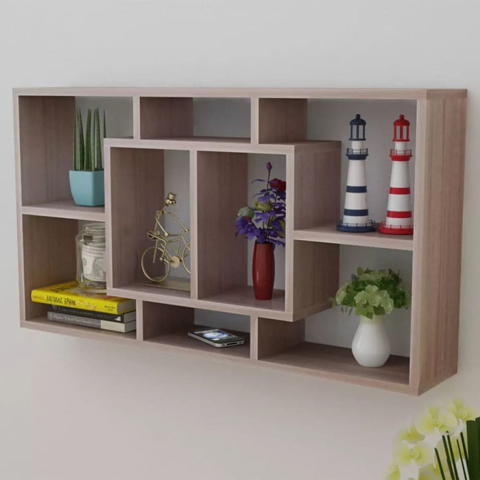 Floating Wall Display Shelf 8 Compartments Oak Colour Xaxpak