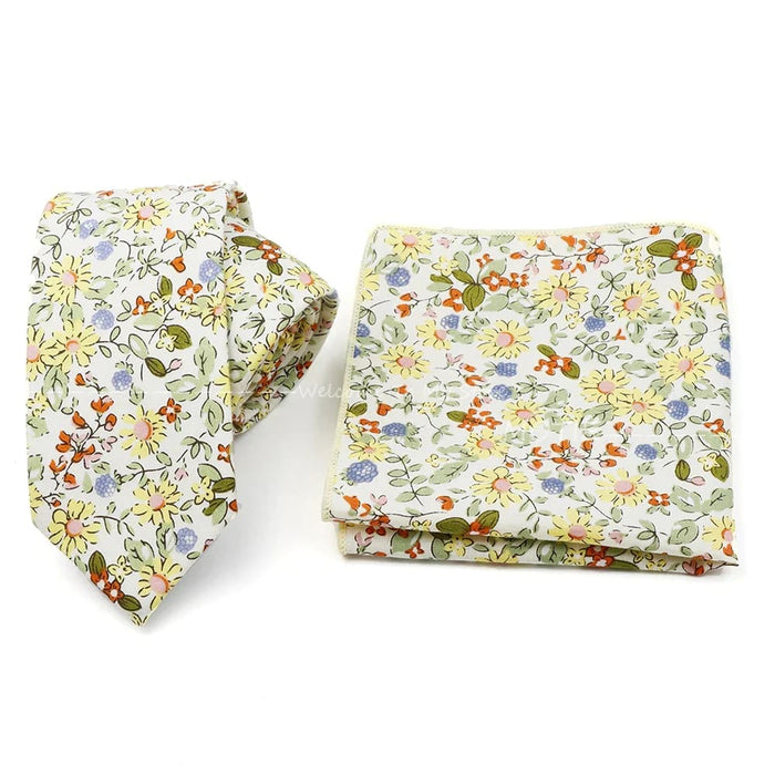 Floral Cotton Ties And Pocket Square Set For Business