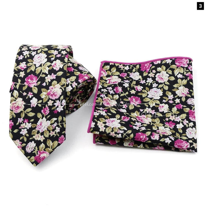 Floral Cotton Ties And Pocket Square Set For Business