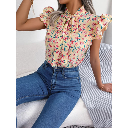 Floral Print Chiffon Blouse with Ruffles and Bow