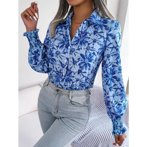 Floral Print Collar Lantern Sleeve Shirt for Women