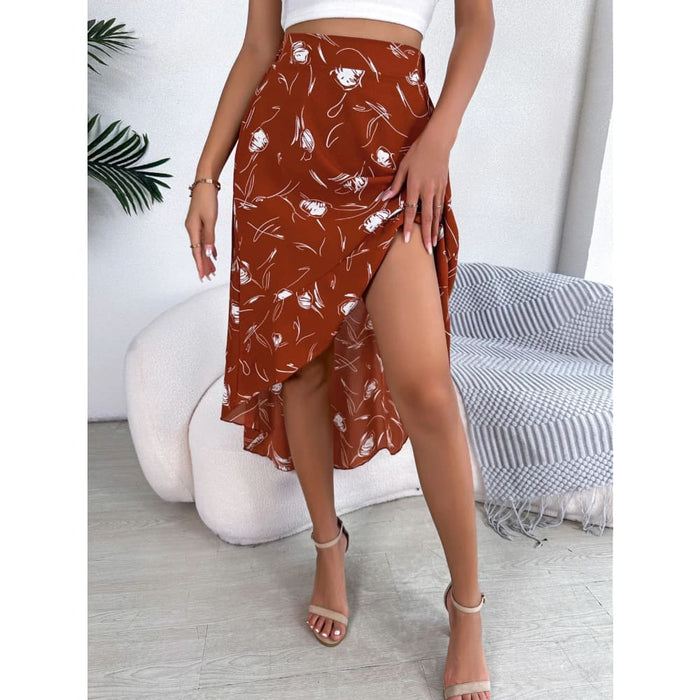 Floral Print Ruffled Asymmetrical Skirt For Women