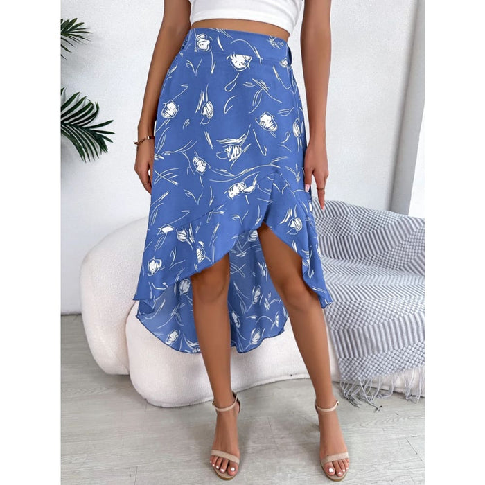 Floral Print Ruffled Asymmetrical Skirt For Women