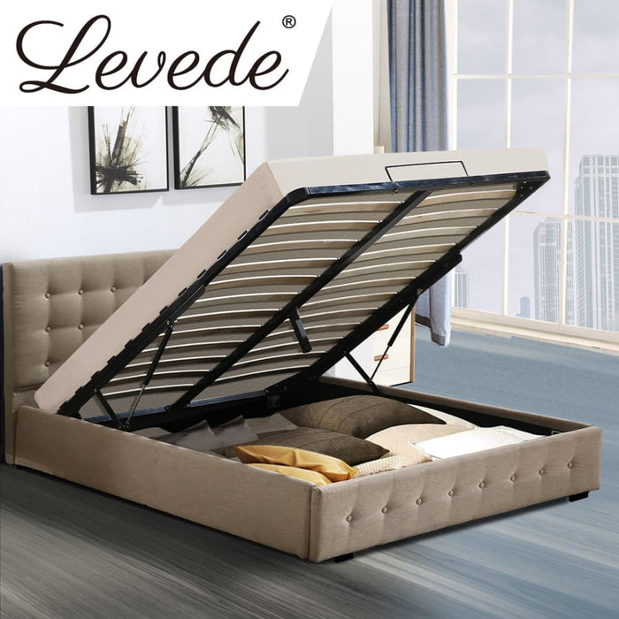 Bed Frame Base with Gas Lift Queen Size Platform Fabric