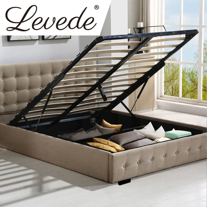 Bed Frame Base with Gas Lift Queen Size Platform Fabric