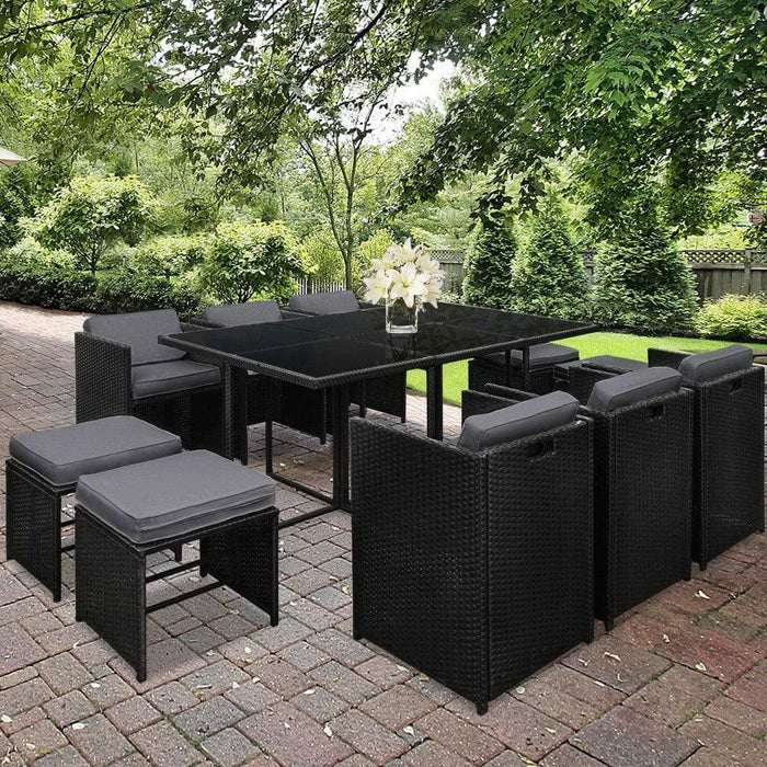 Gardeon 11 Piece Pe Wicker Outdoor Dining Set - Black