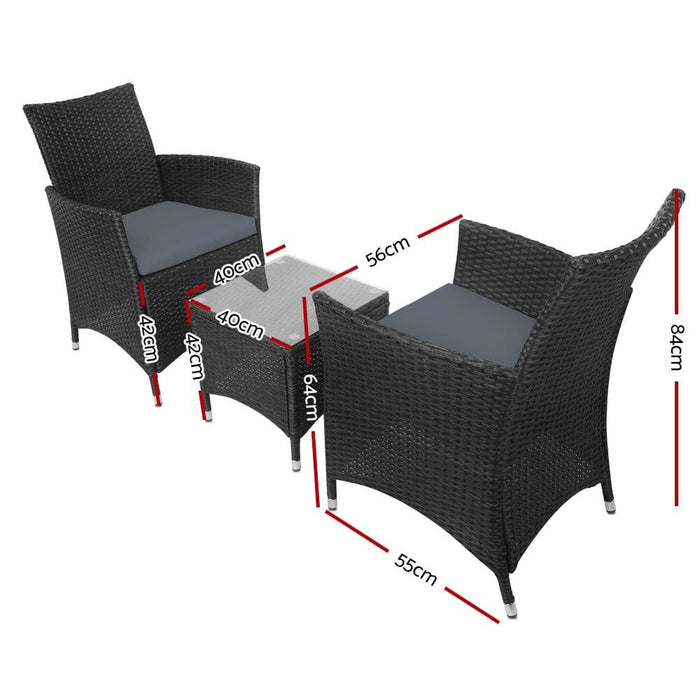 Gardeon 3 Piece Wicker Outdoor Furniture Set - Black