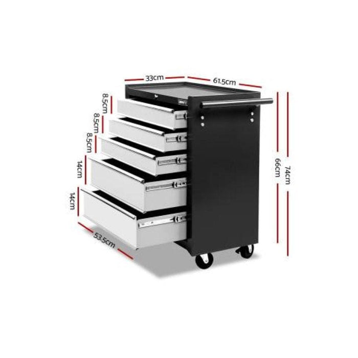 Giantz 5 Drawer Mechanic Tool Box Storage Trolley - Black &