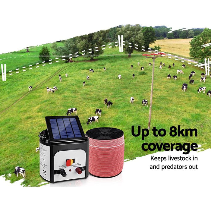 Giantz Electric Fence Energiser 8km Set Solar Powered