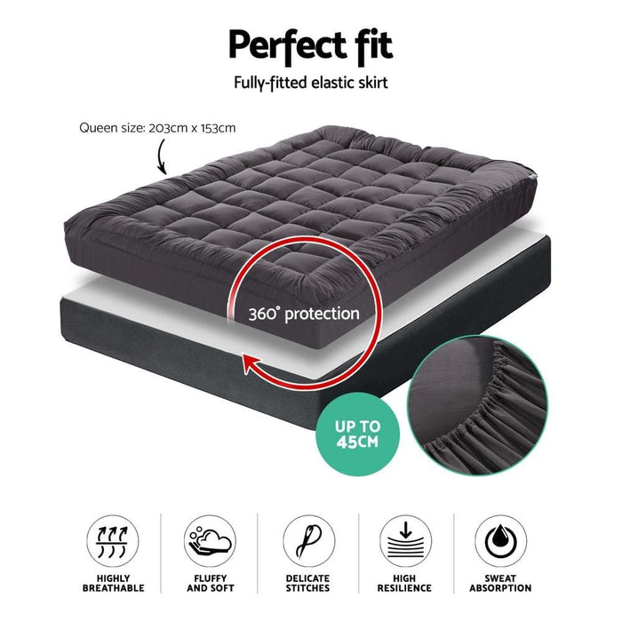 Giselle Queen Mattress Topper Pillowtop 1000gsm Charcoal