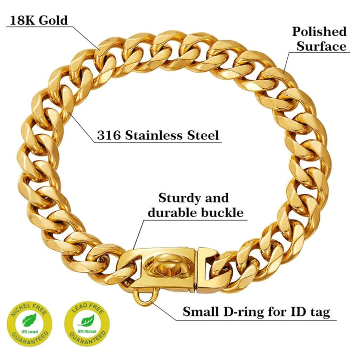 Gold Cuban Link Dog Chain Strong Stainless Steel Collar