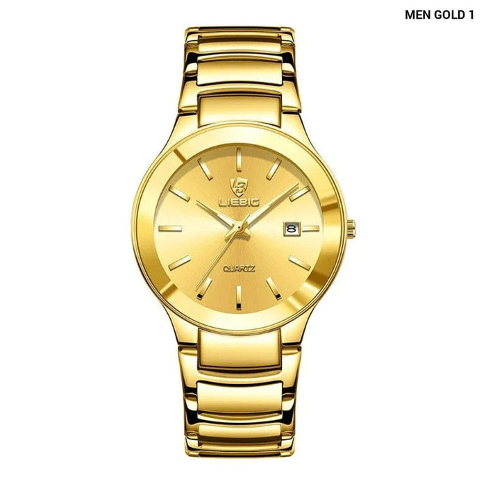 Golden Stainless Steel Quartz Watch Women Men Waterproof