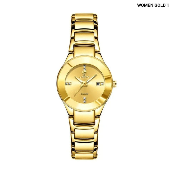 Golden Stainless Steel Quartz Watch Women Men Waterproof