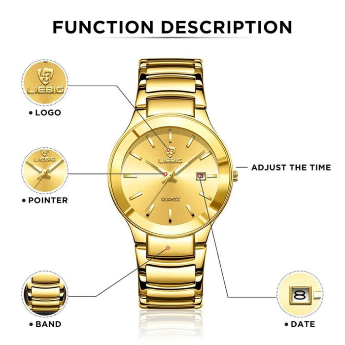 Golden Stainless Steel Quartz Watch Women Men Waterproof