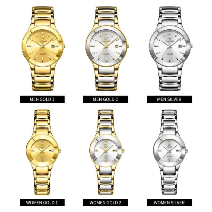 Golden Stainless Steel Quartz Watch Women Men Waterproof