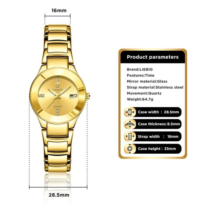 Golden Stainless Steel Quartz Watch Women Men Waterproof