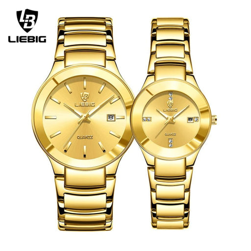 Golden Stainless Steel Quartz Watch Women Men Waterproof