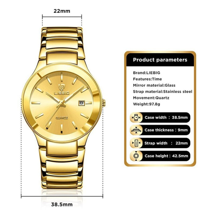 Golden Stainless Steel Quartz Watch Women Men Waterproof