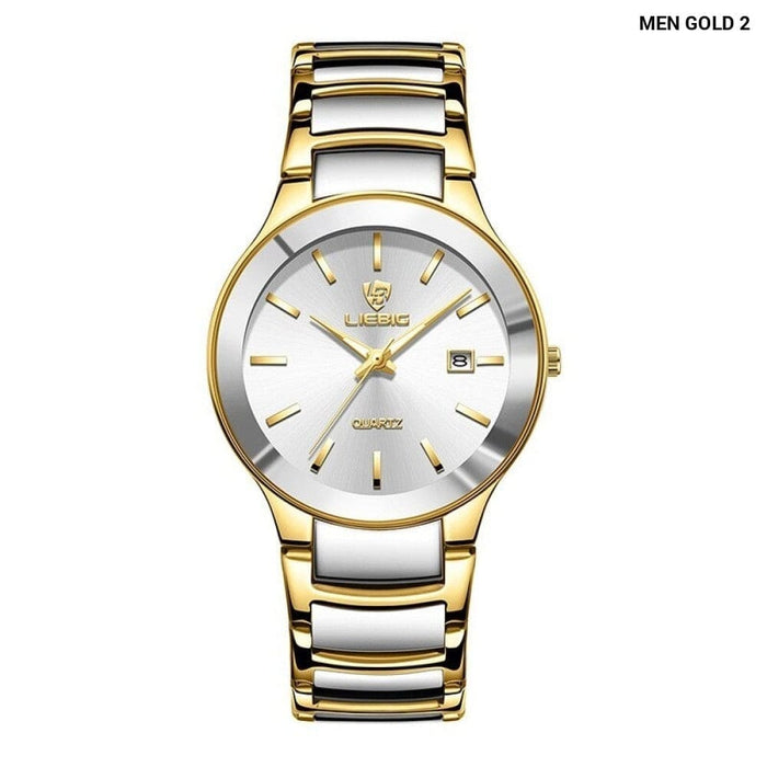 Golden Stainless Steel Quartz Watch Women Men Waterproof