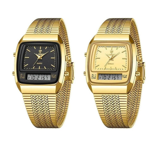 Golden Steel Strap Quartz Sport Watch Mens Dual Time Week