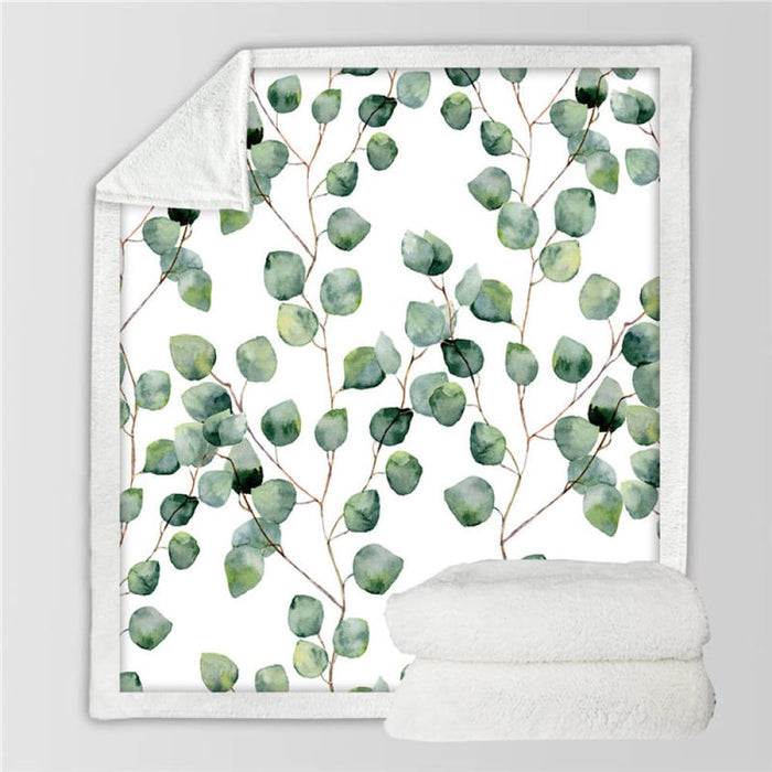 Green Leaf Bed Blanket Plant Nature Throw Watercolour