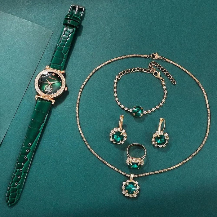 Green Luxury Quartz Watch Set 6pcs Womens Ring Necklace