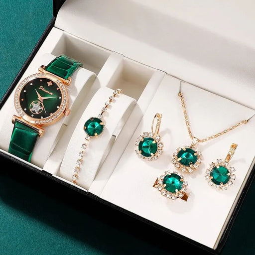 Green Luxury Quartz Watch Set 6pcs Womens Ring Necklace