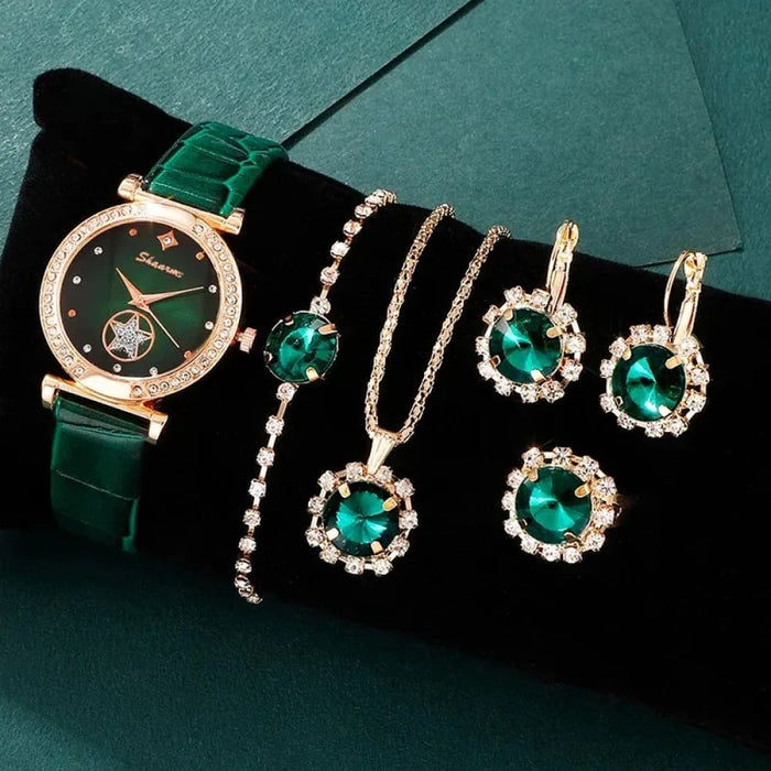 Green Luxury Quartz Watch Set 6pcs Womens Ring Necklace