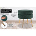 Green Round Ottoman Foot Stool Velvet Fabric Metal Leg