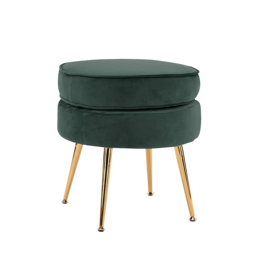 Green Round Ottoman Foot Stool Velvet Fabric Metal Leg