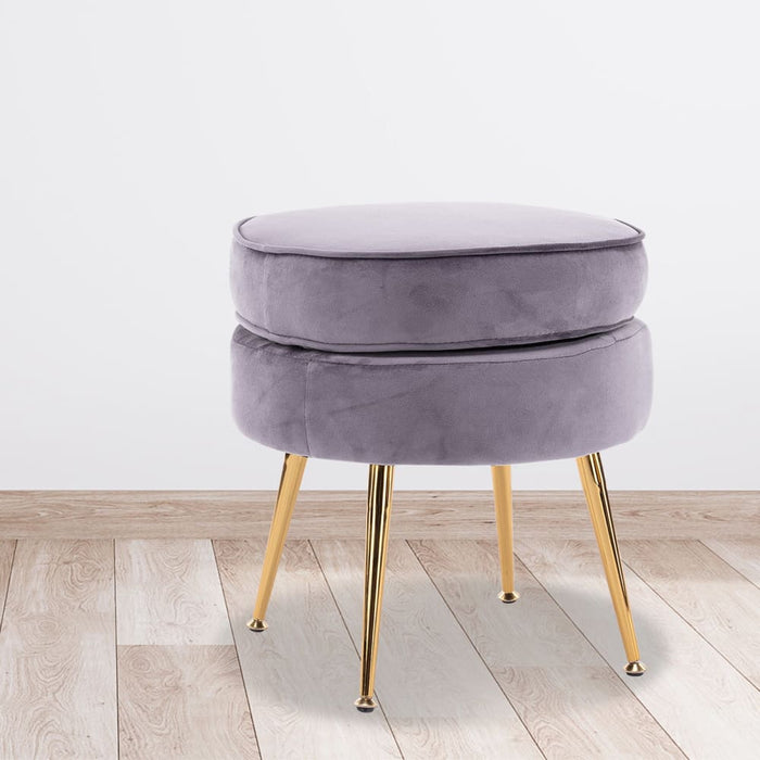 Grey Round Ottoman Foot Stool Velvet Fabric Metal Leg