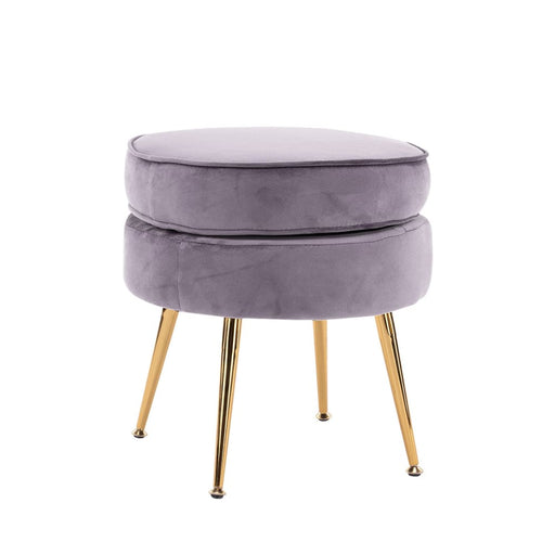 Grey Round Ottoman Foot Stool Velvet Fabric Metal Leg