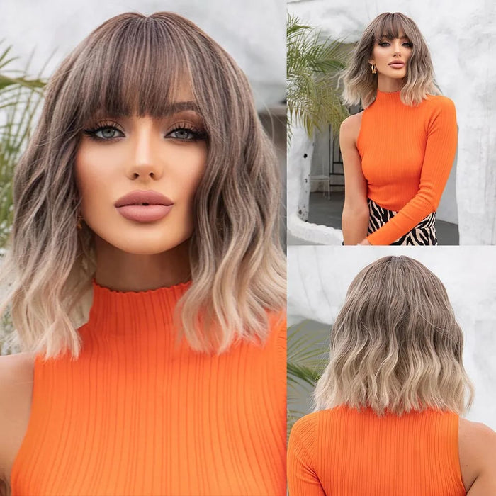 Grey Wavy Bob Wig With Bangs