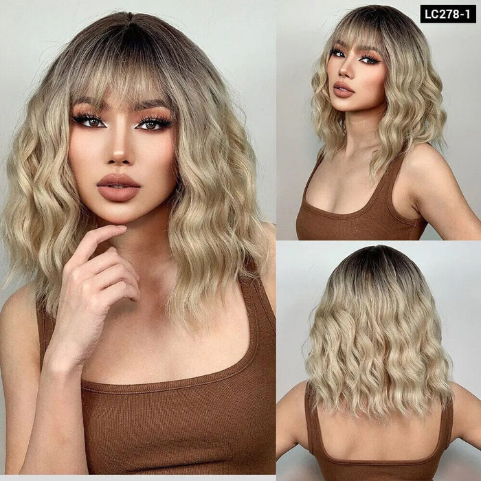 Grey Wavy Bob Wig With Bangs