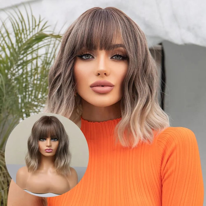 Grey Wavy Bob Wig With Bangs