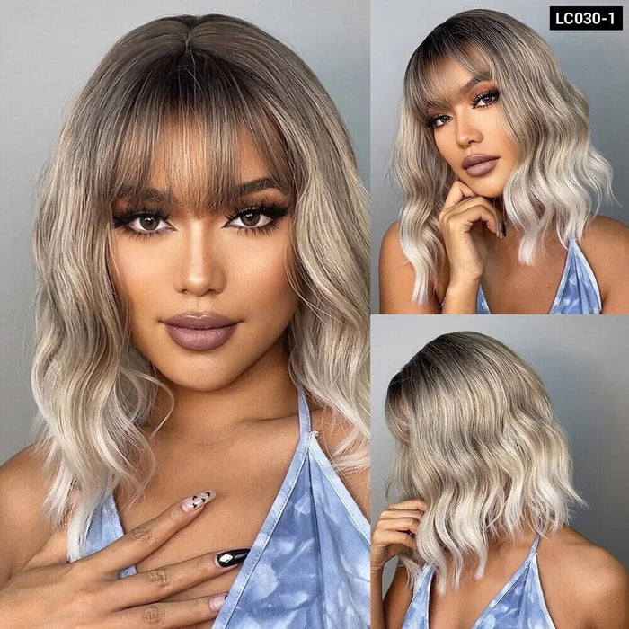 Grey Wavy Bob Wig With Bangs