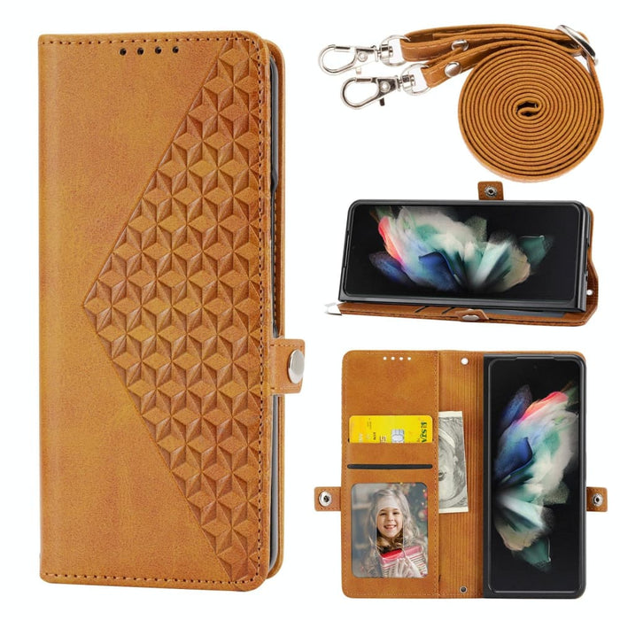 Grid Texture Leather Phone Case With Lanyard For Samsung